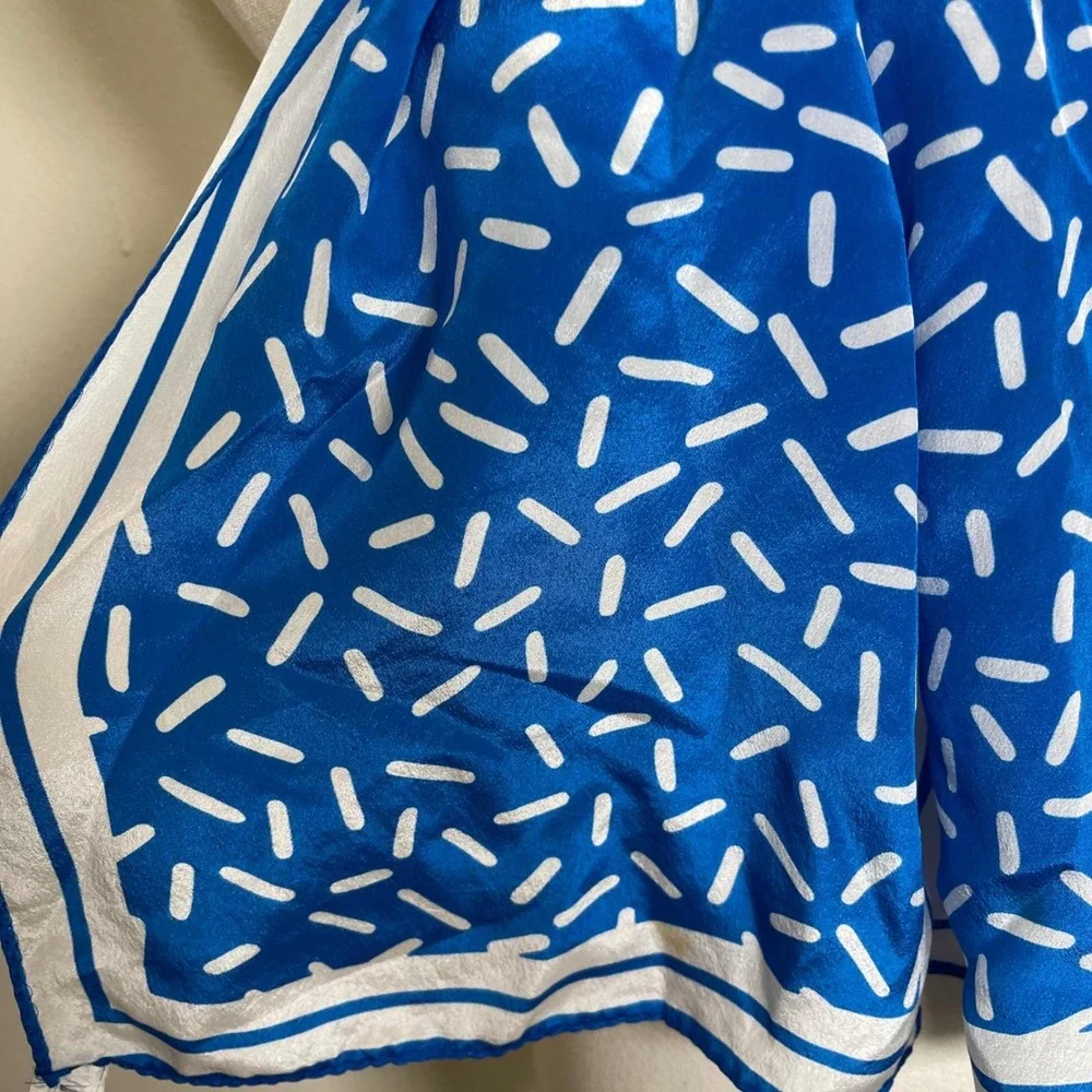 Vintage Albert Nipon Silk Scarf Women Blue White Geometric Dotted Print 80s